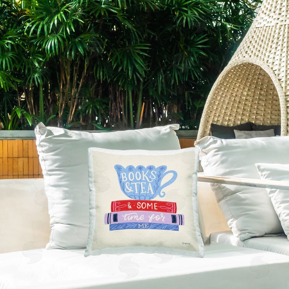 Becky Thorns Books Tea Time For Me Outdoor Square Pillow on Patio
