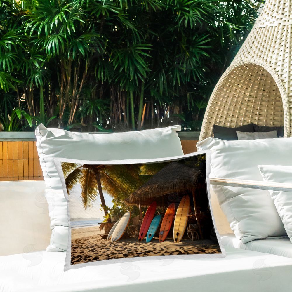 LSR Design Studio Surfboards At Beach Hut Outdoor Rectangular Pillow on Patio