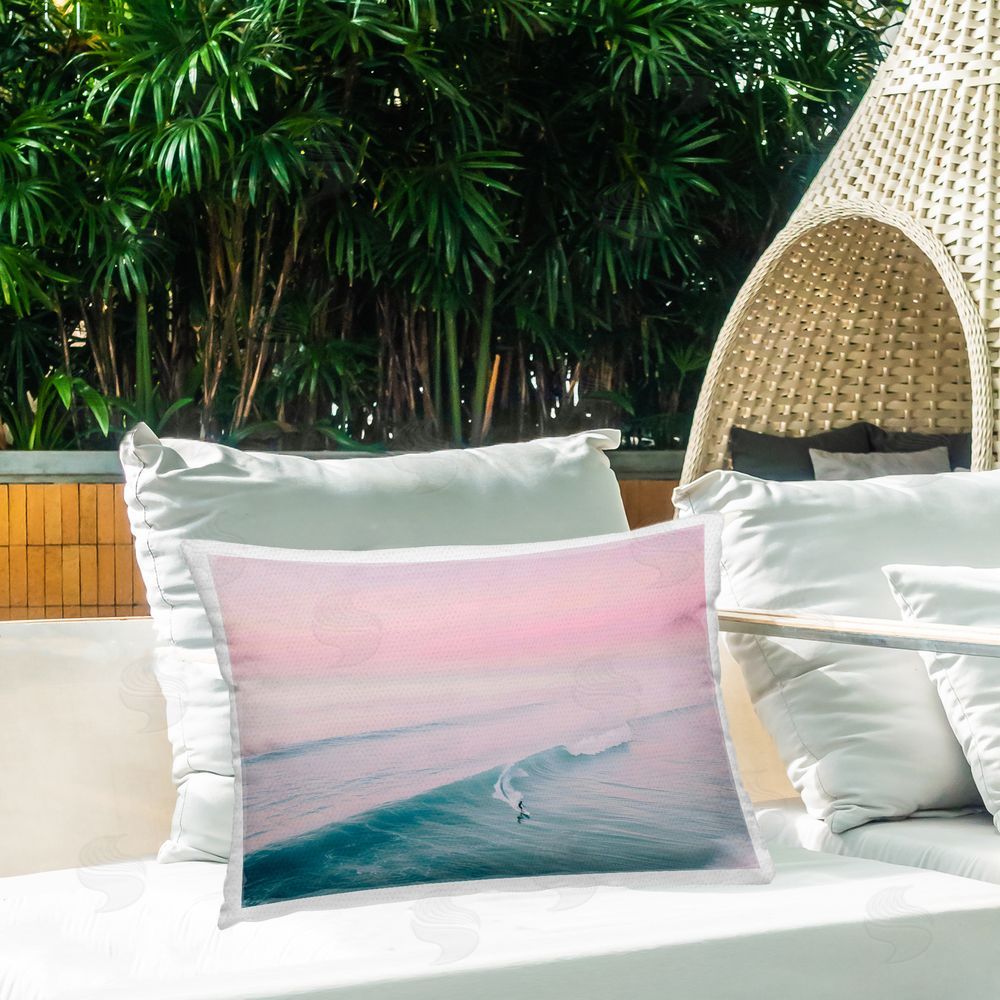 LSR Design Studio Pink Surf Pastel Sunset Outdoor Rectangular Pillow on Patio