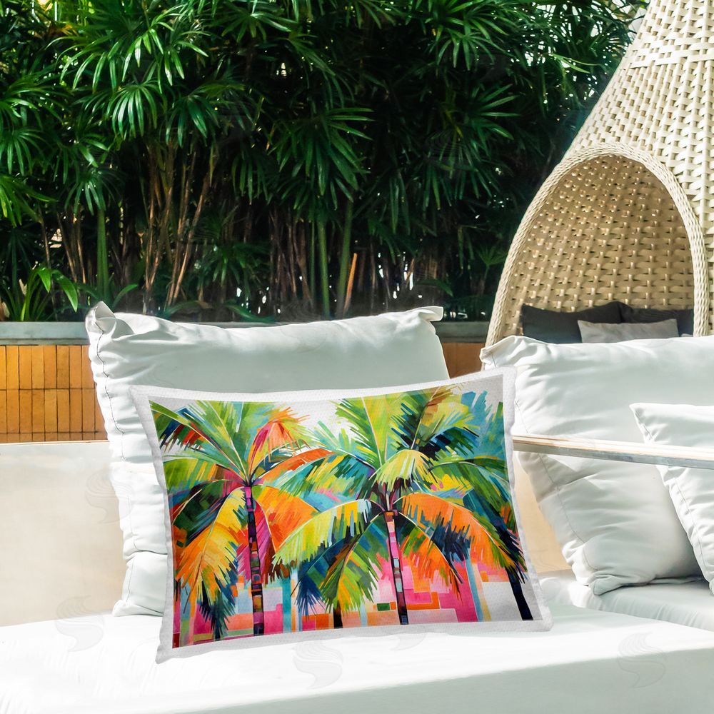 LSR Design Studio Bright Mod Palms & Rectangles Outdoor Rectangular Pillow on Patio