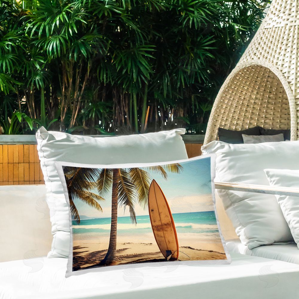 LSR Design Studio Surfboard Standing Near Shore Outdoor Rectangular Pillow on Patio