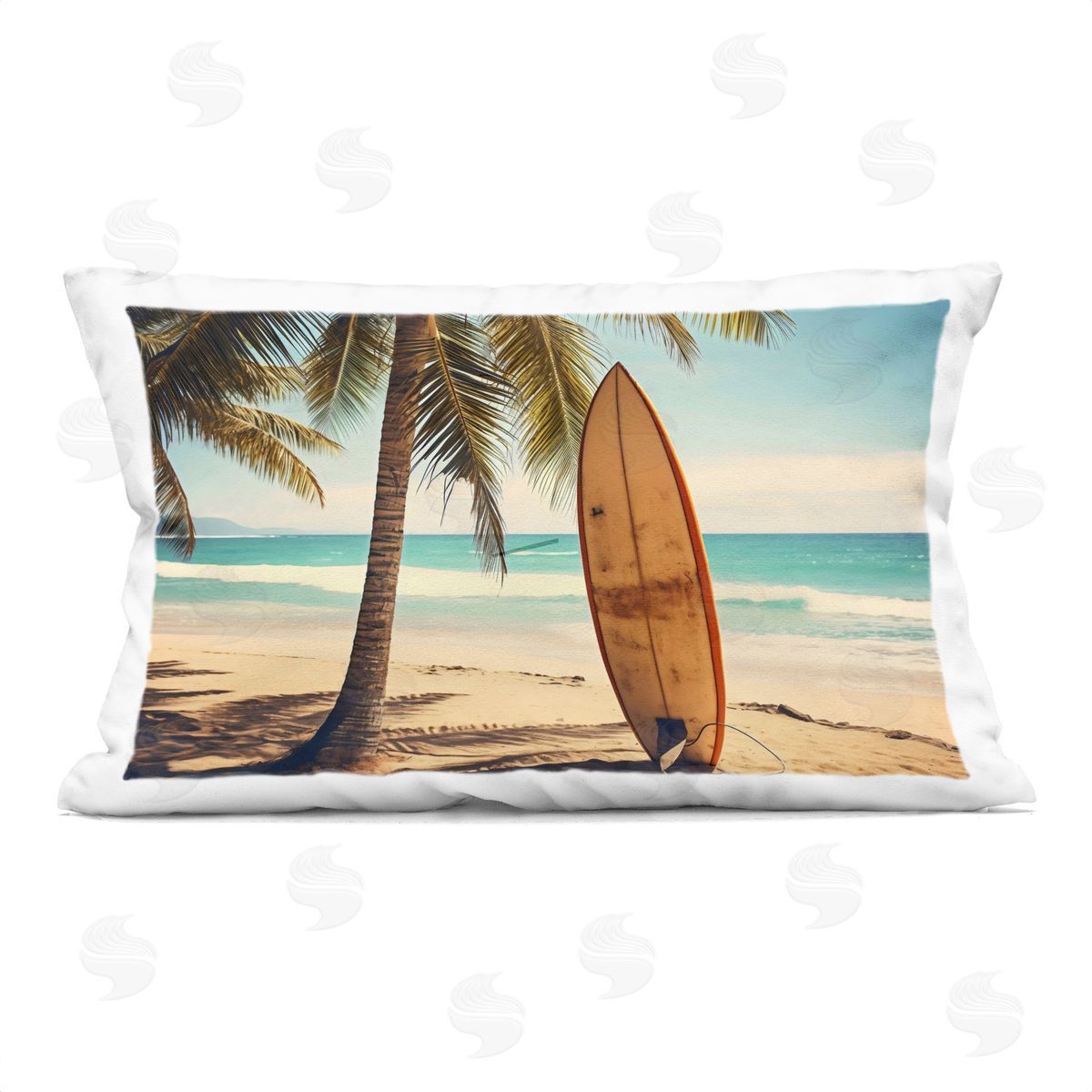 LSR Design Studio Surfboard Standing Near Shore Indoor Printed Pillow