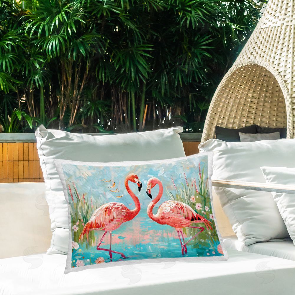 LSR Design Studio Modern Flamingo Love Outdoor Rectangular Pillow on Patio