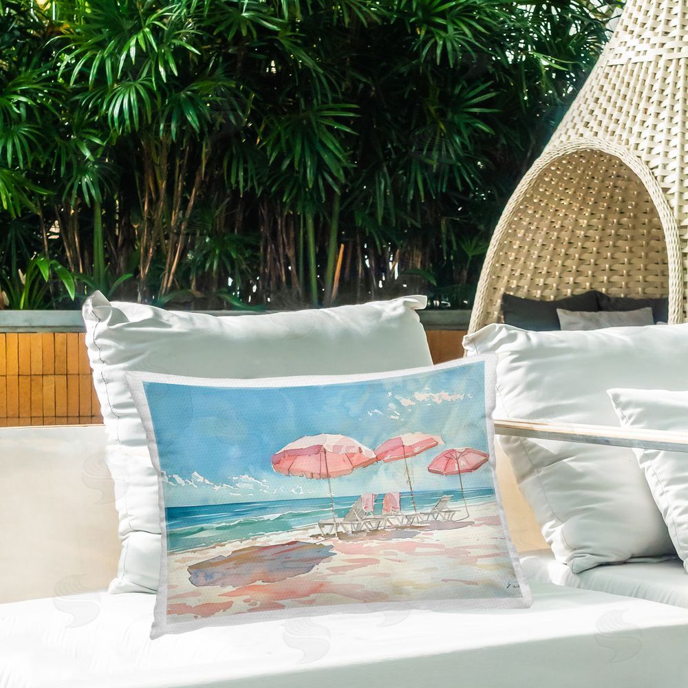 LSR Design Studio Pastel Pink Watercolor Beach Outdoor Rectangular Pillow on Patio