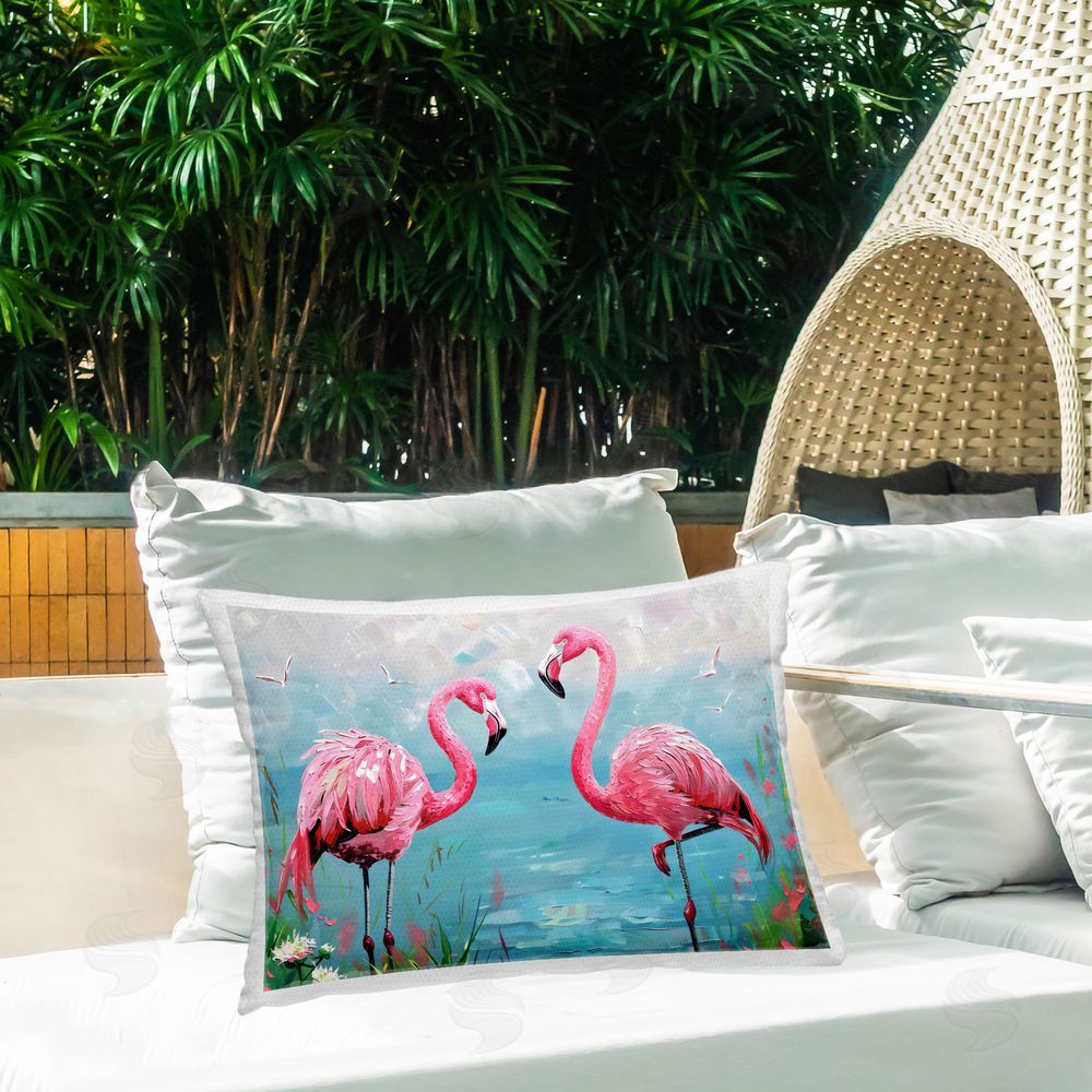 LSR Design Studio Flamingo Lagoon Duo Outdoor Rectangular Pillow on Patio