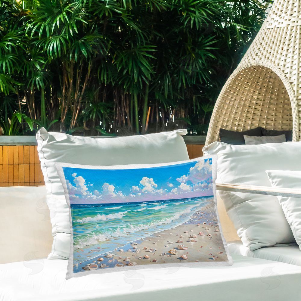 LSR Design Studio Shells Awash on Shore Outdoor Rectangular Pillow on Patio