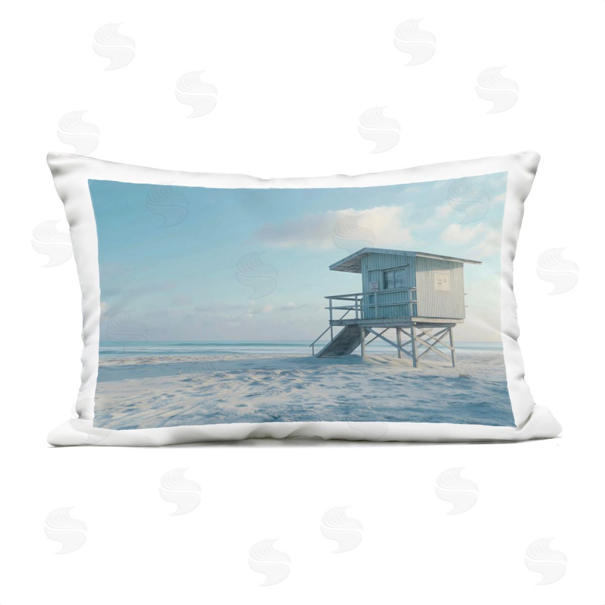 LSR Design Studio Blue And White Beach Scene Outdoor Printed Pillow