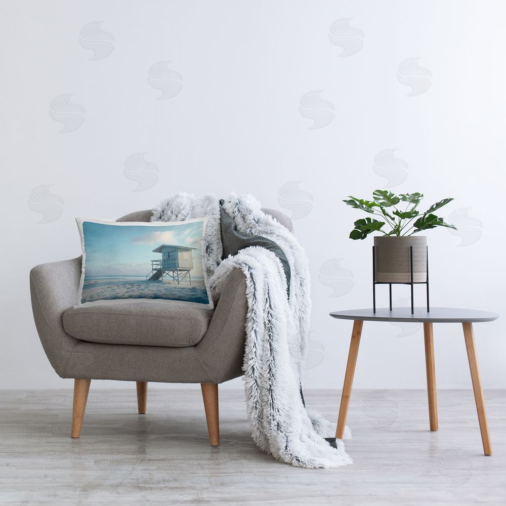 LSR Design Studio Blue And White Beach Scene Indoor Rectangular Pillow on Chair