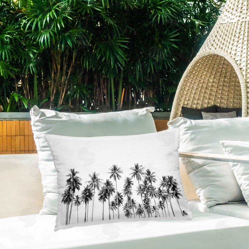 Sisi and Seb Palm Trees Paradise in Monochrome Outdoor Rectangular Pillow on Patio