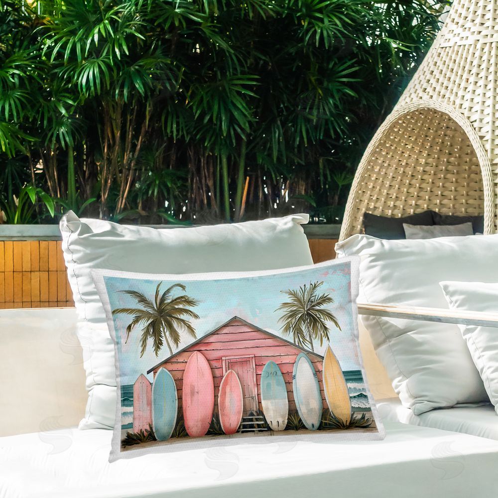 LSR Design Studio Pastel Boards Against Cabin Outdoor Rectangular Pillow on Patio