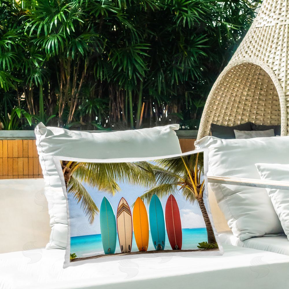 LSR Design Studio Colorful Surfboards Shoreline Outdoor Rectangular Pillow on Patio