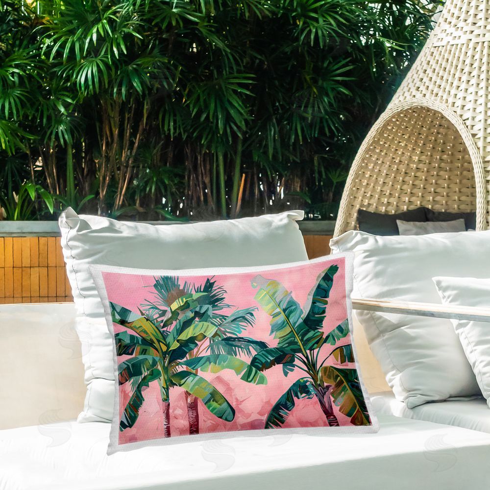 LSR Design Studio Palm Tree Tops on Pink Outdoor Rectangular Pillow on Patio