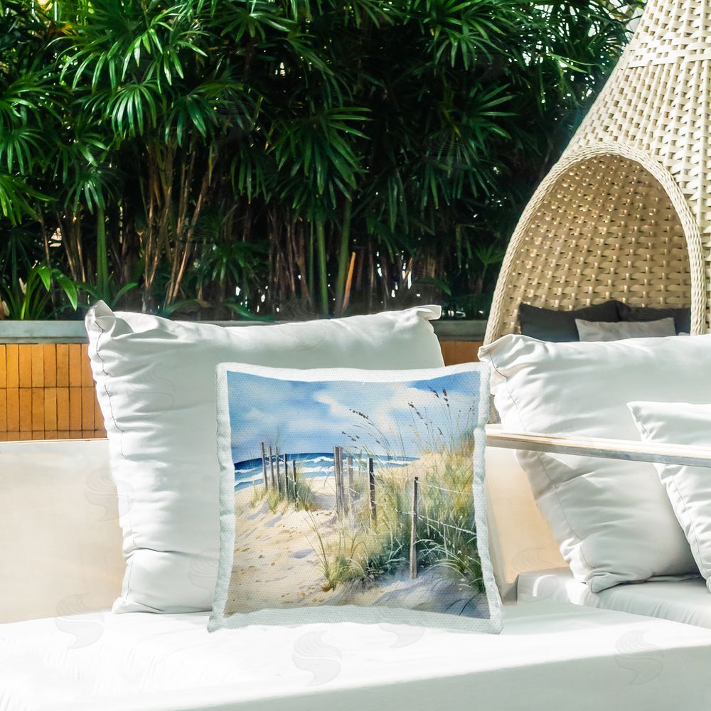 LSR Design Studio Breezy Seaside Grasses Outdoor Square Pillow on Patio