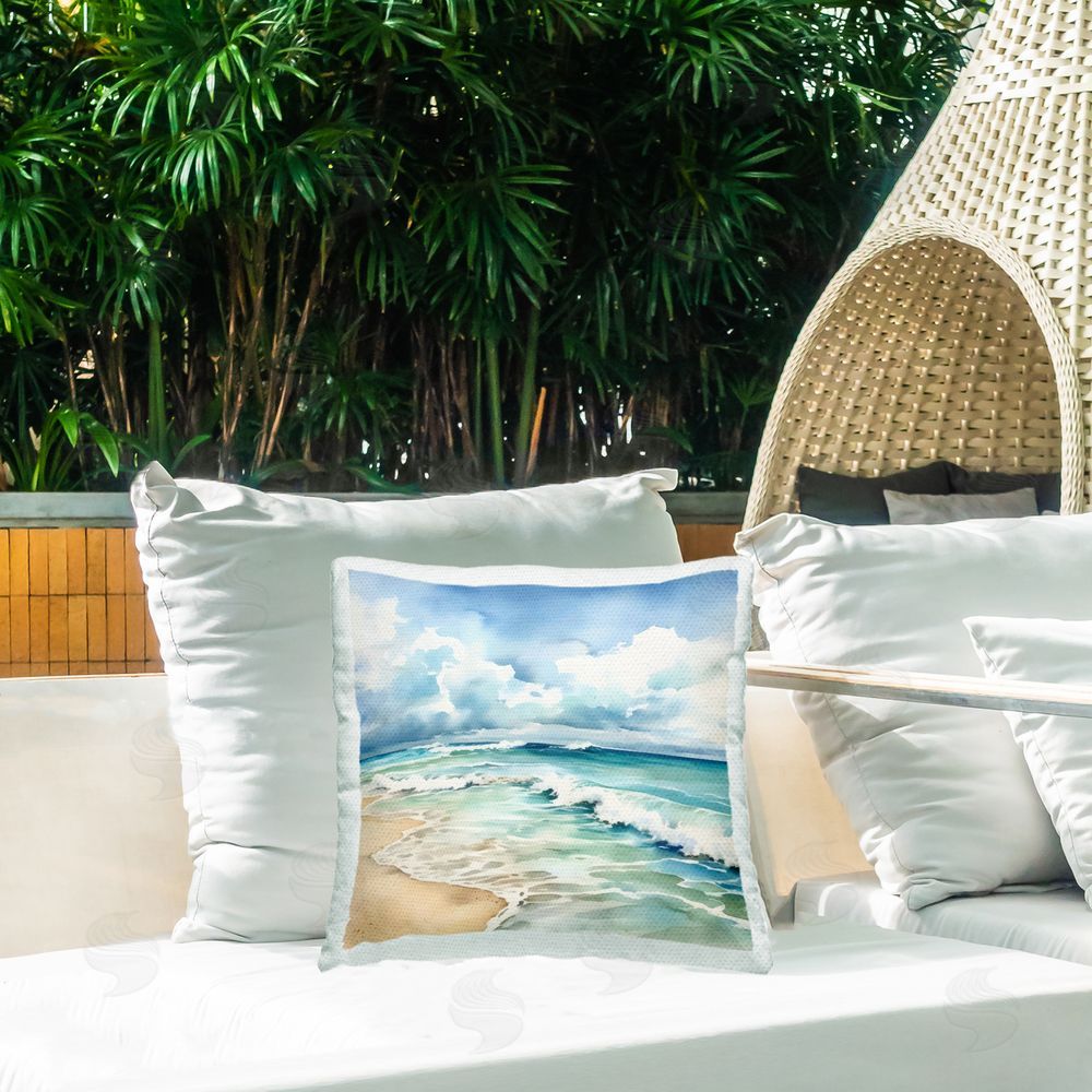 LSR Design Studio Sun Bleached Serene Coast Outdoor Square Pillow on Patio
