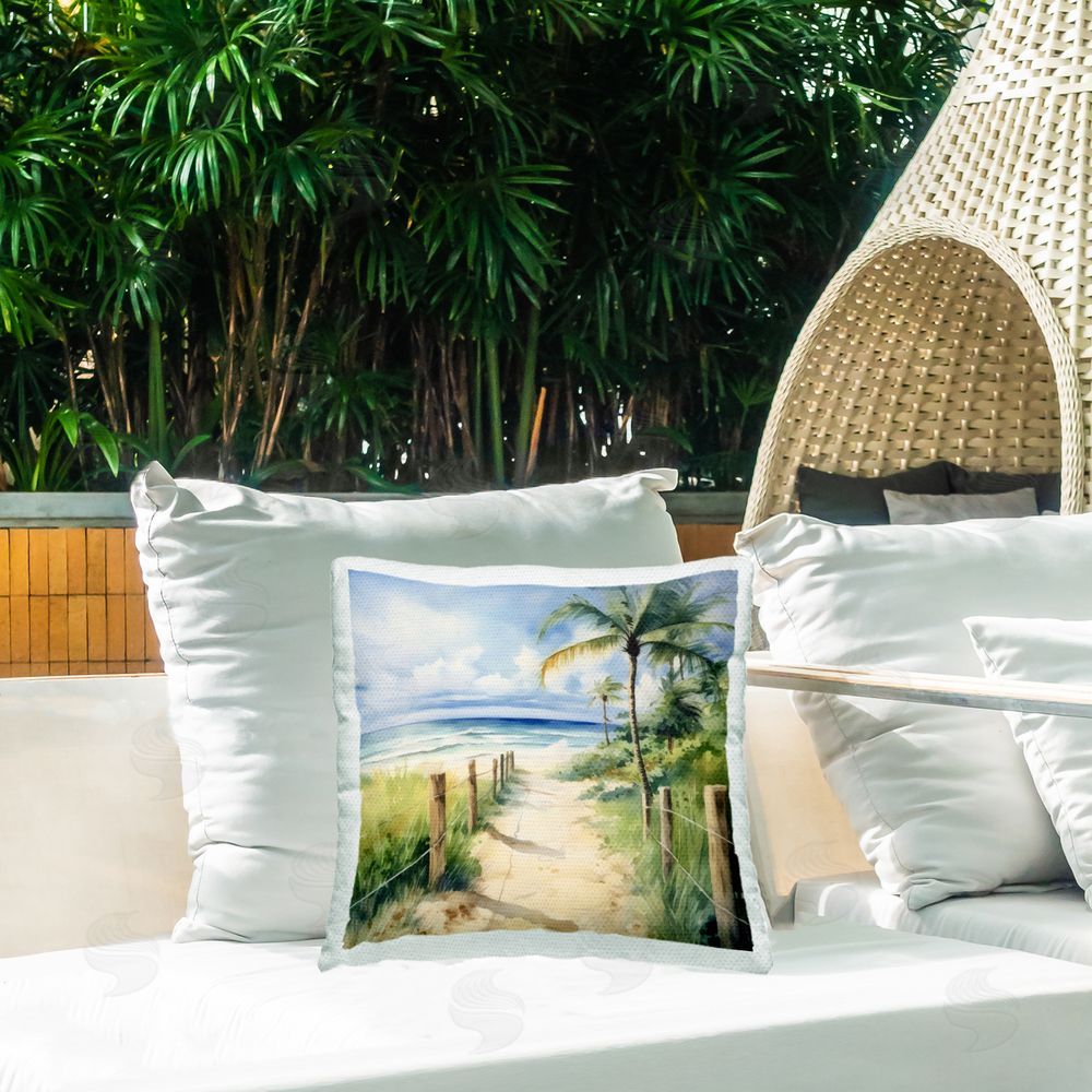 LSR Design Studio Blurred Palm Tree Beach Outdoor Square Pillow on Patio