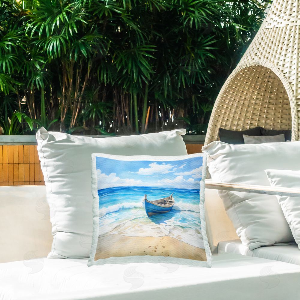 LSR Design Studio Beach Boat Tied on Shore Outdoor Square Pillow on Patio