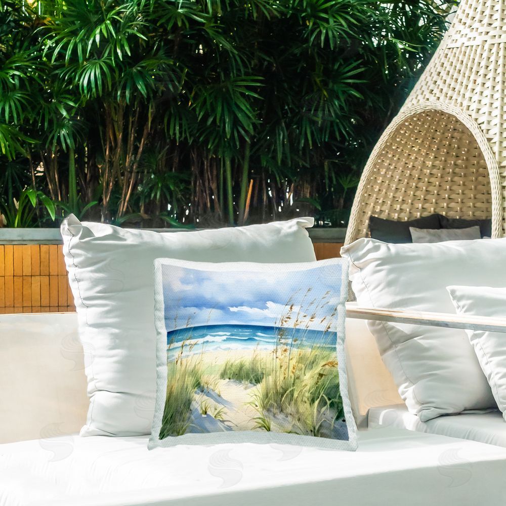 LSR Design Studio Serene Coast with Windblown Breeze Outdoor Square Pillow on Patio