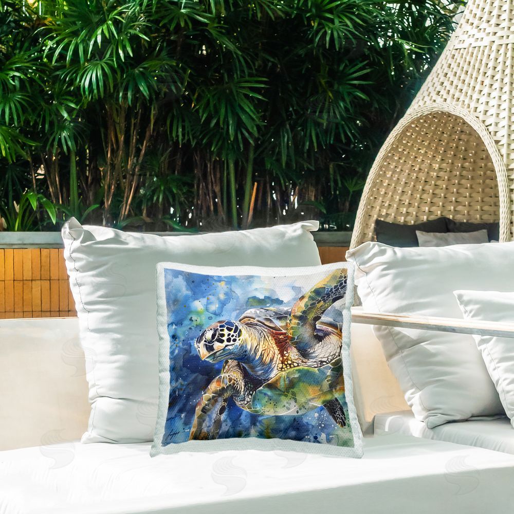 Creative Studio Watercolor Splatter Sea Turtle Outdoor Square Pillow on Patio