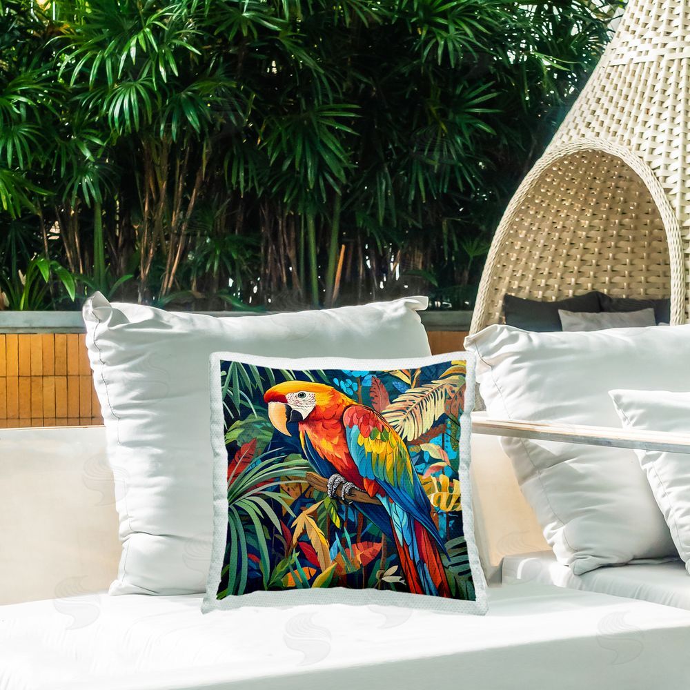LSR Design Studio Jungle Parrot Amid Leaves Outdoor Square Pillow on Patio
