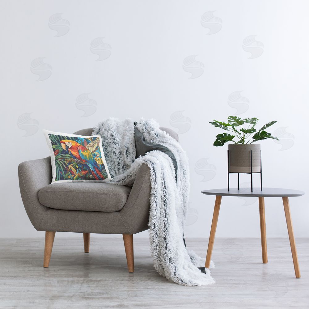 LSR Design Studio Jungle Parrot Amid Leaves Indoor Square Pillow on Chair