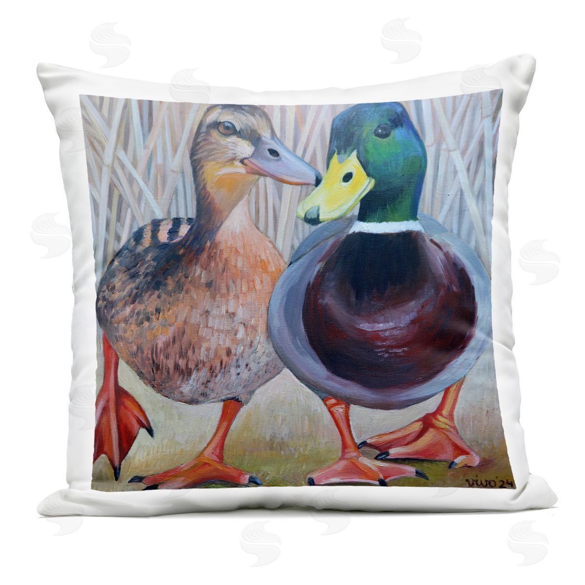 Violeta Vollmer Mallard & Brown Ducks Plush Polyester Art Print Pillow