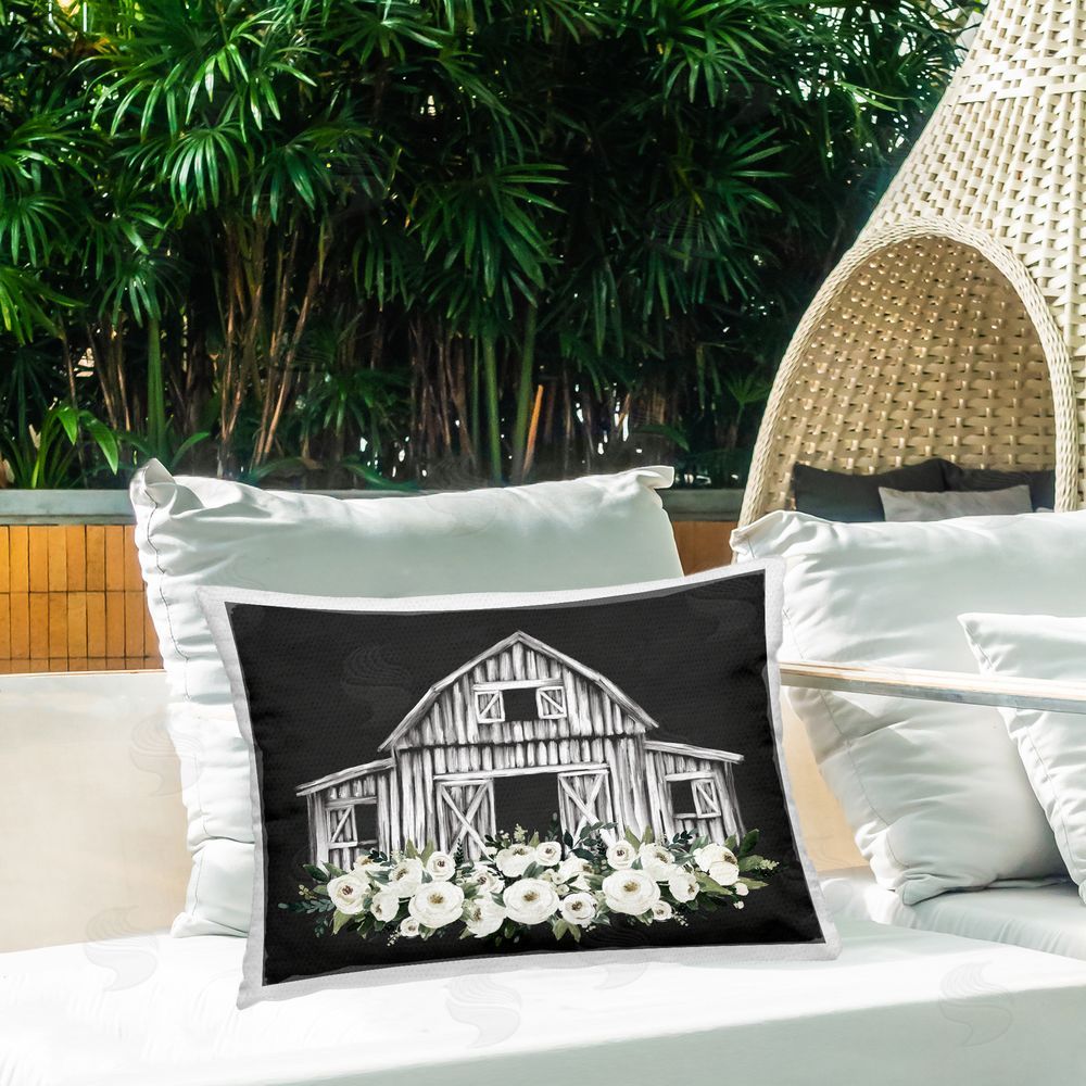 Lettered and Lined Centered Floral Farmhouse Outdoor Rectangular Pillow on Patio