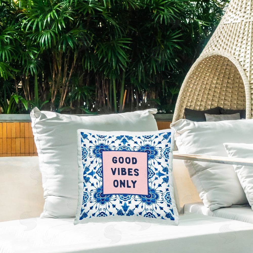 Lettered and Lined Good Vibes Only Boho Outdoor Square Pillow on Patio