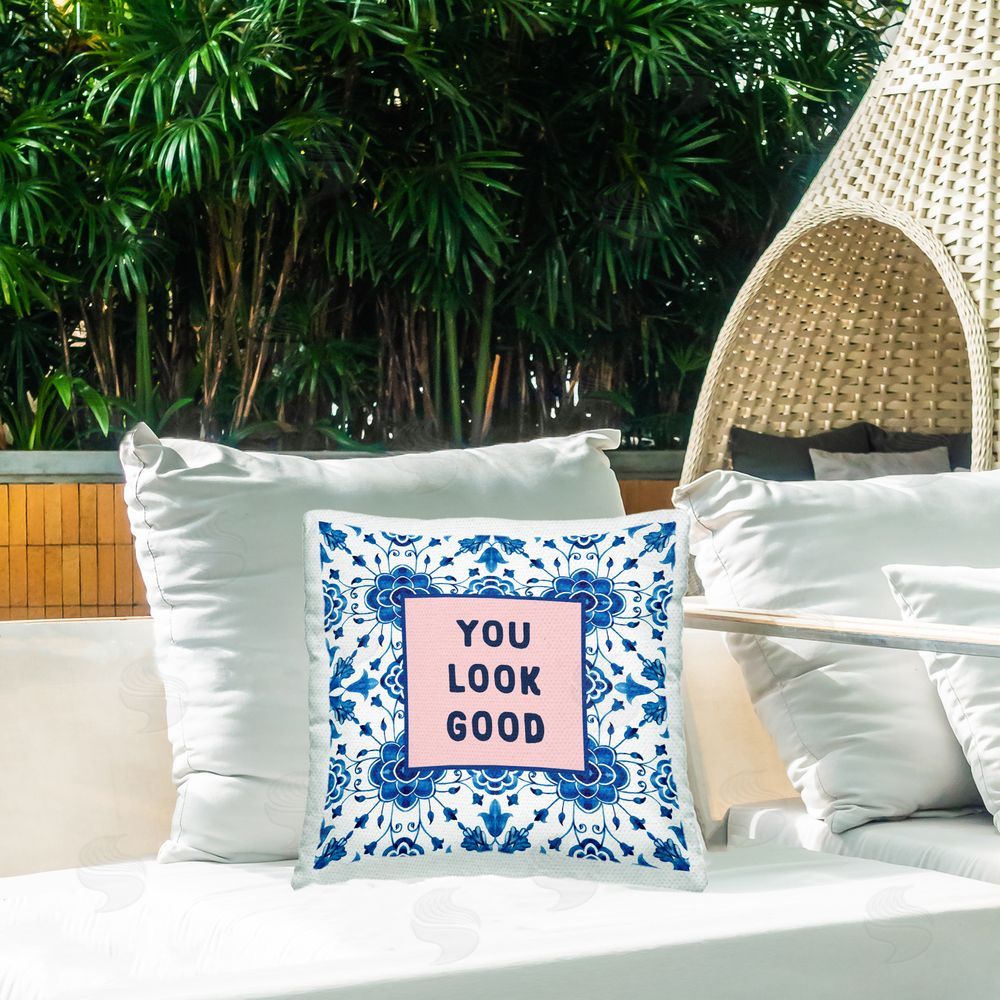 Lettered and Lined You Look Good Boho Pattern Outdoor Square Pillow on Patio