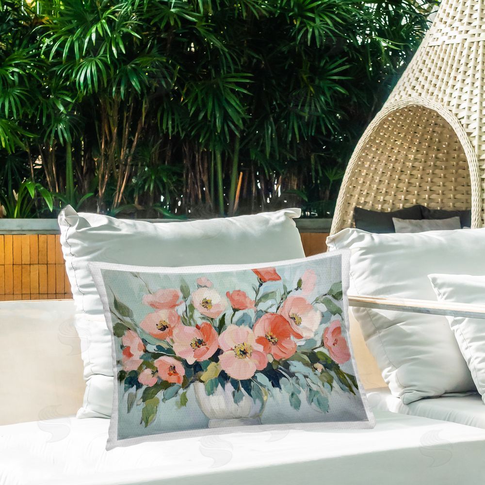 Gina Kelly Pink Flower Arrangement over Green Outdoor Printed Throw Pillow on Patio