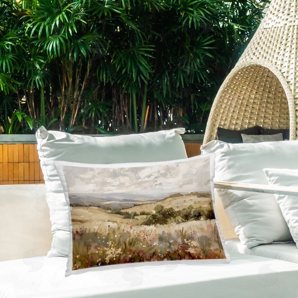 LSR Design Studio Golden Hour Hill Landscape Outdoor Printed Throw Pillow on Patio
