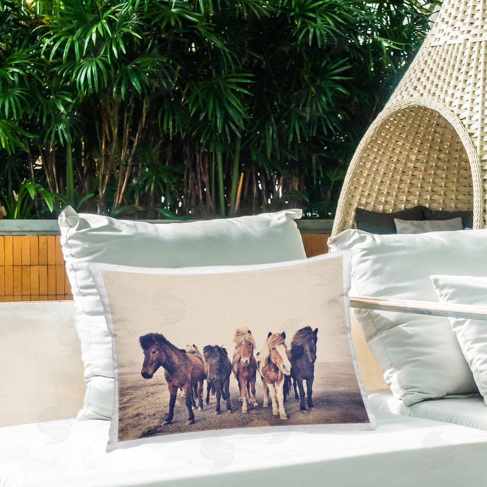 Sisi and Seb Muted Brown Horse Group Outdoor Printed Throw Pillow on Patio