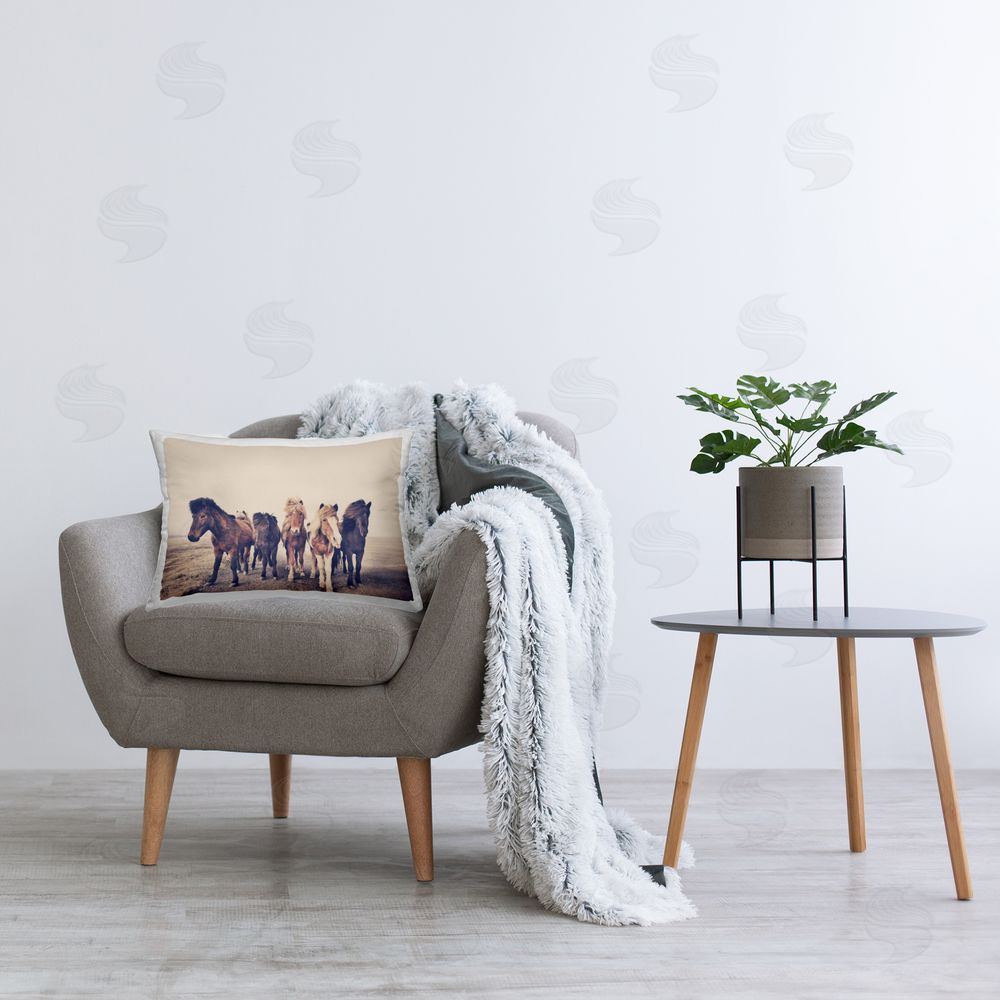 Sisi and Seb Muted Brown Horse Group Printed Indoor Throw Pillow in Room