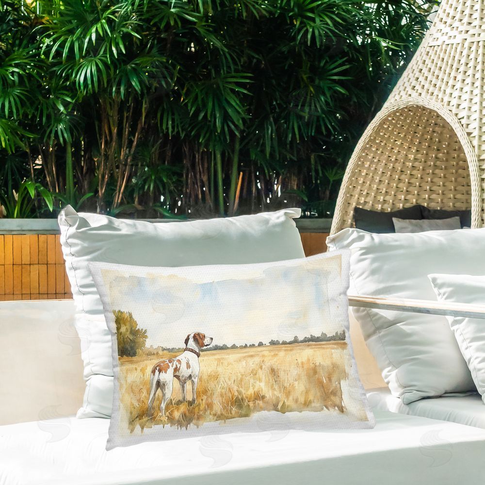 Petal Prints Design Bird Dog in Open Meadow Outdoor Printed Throw Pillow on Patio