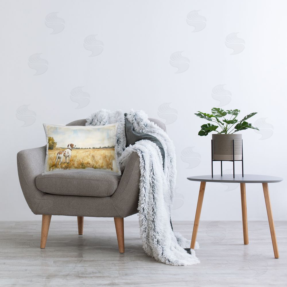 Petal Prints Design Bird Dog in Open Meadow Printed Indoor Throw Pillow in Room