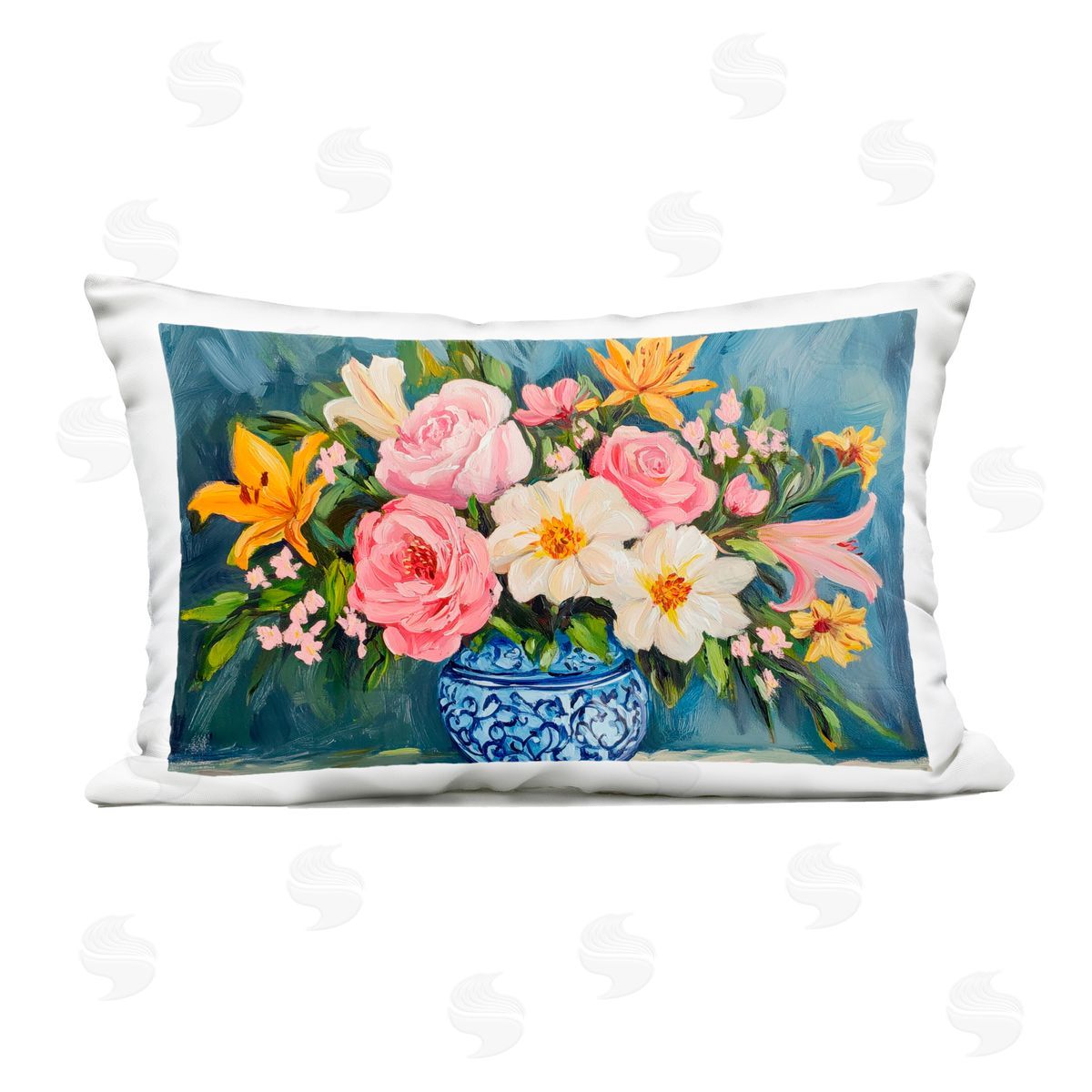 Petal Prints Design Indigo Chinoiserie Flower Vase Outdoor Printed Throw Pillow