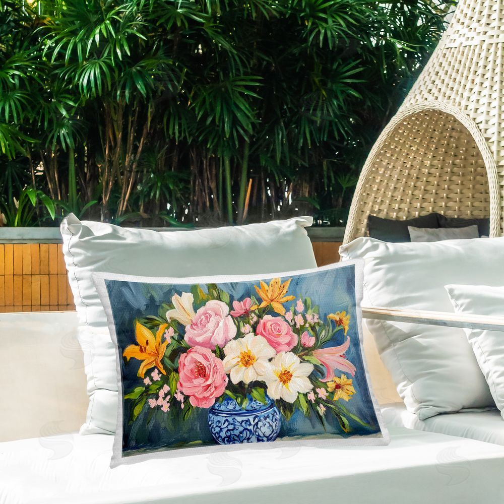 Petal Prints Design Indigo Chinoiserie Flower Vase Outdoor Printed Throw Pillow on Patio