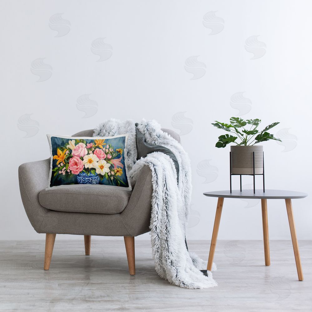 Petal Prints Design Indigo Chinoiserie Flower Vase Printed Indoor Throw Pillow in Room