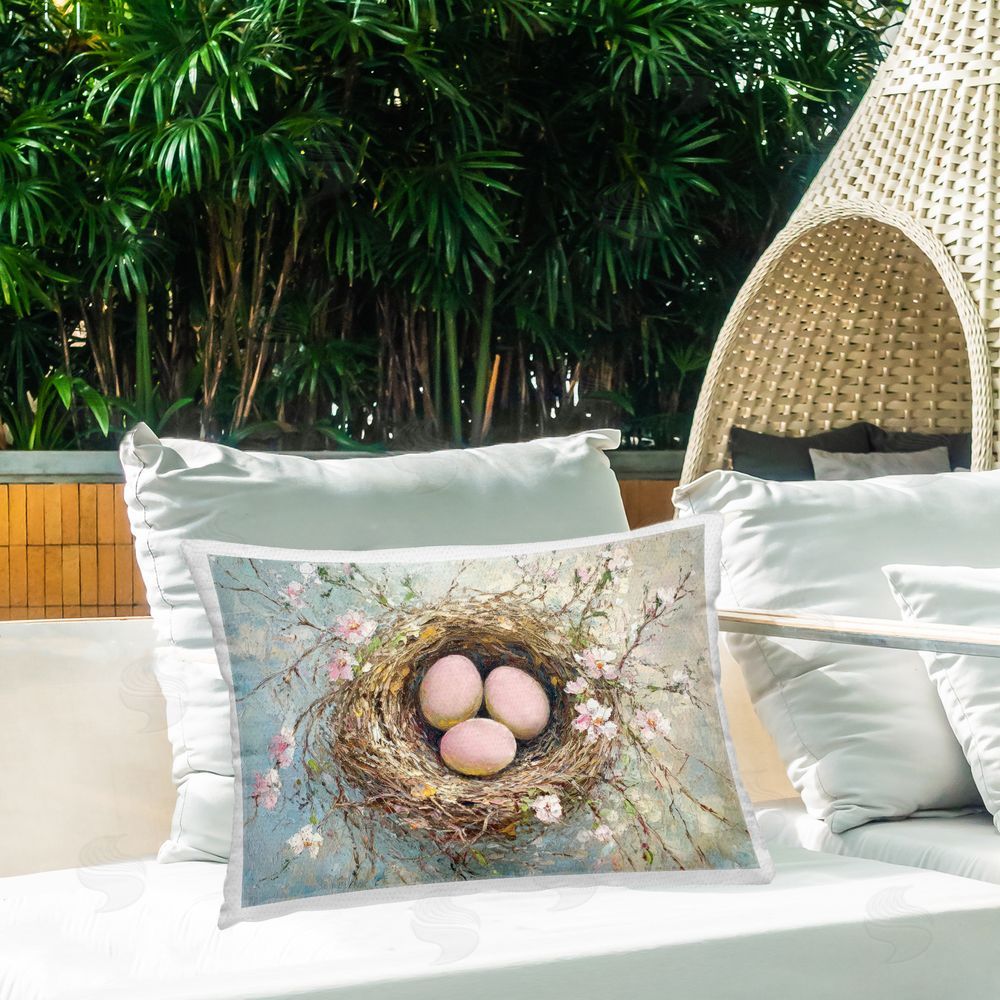 Petal Prints Design Pink Easter Egg Nest Outdoor Printed Throw Pillow on Patio
