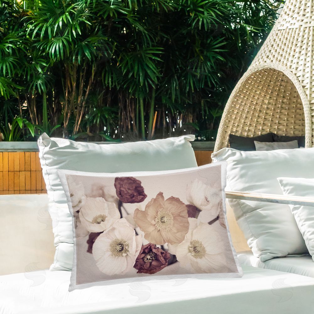 Sisi and Seb Open Blooms Maroon Florals Outdoor Printed Throw Pillow on Patio