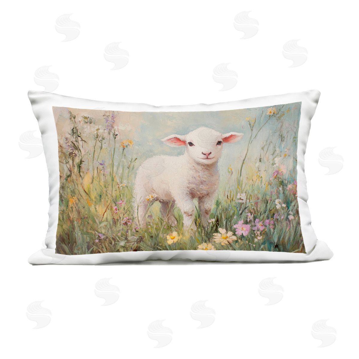 Petal Prints Design White Lamb in Soft Flowers Outdoor Printed Throw Pillow