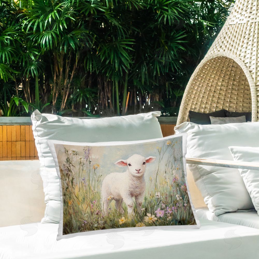 Petal Prints Design White Lamb in Soft Flowers Outdoor Printed Throw Pillow on Patio