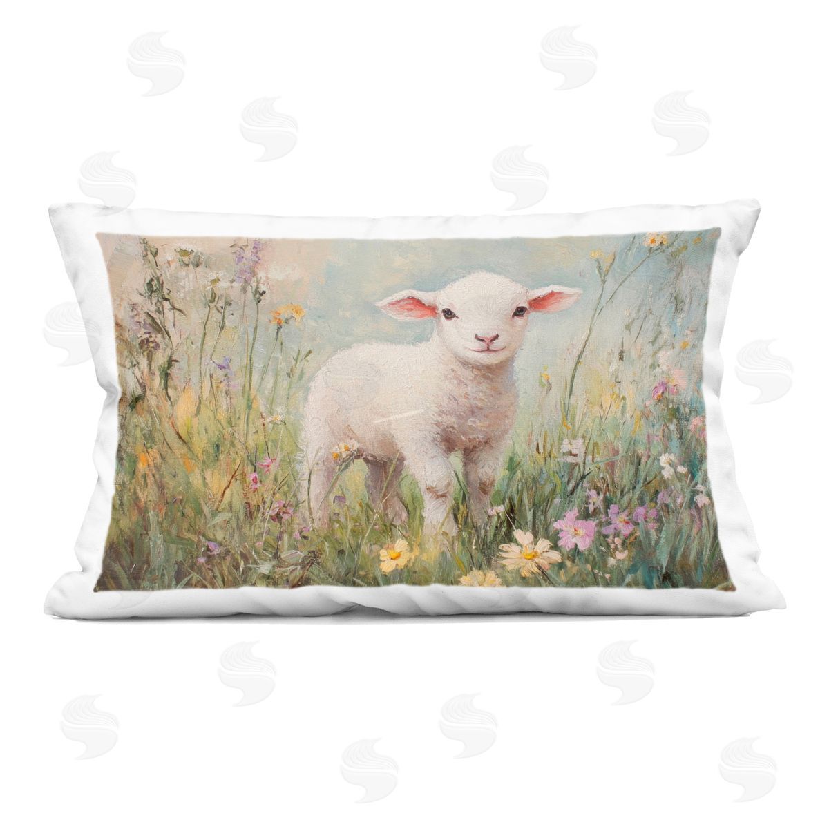 Petal Prints Design White Lamb in Soft Flowers Indoor Printed Throw Pillow