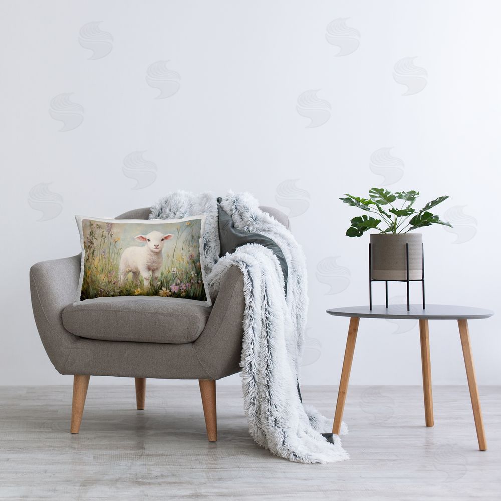 Petal Prints Design White Lamb in Soft Flowers Printed Indoor Throw Pillow in Room