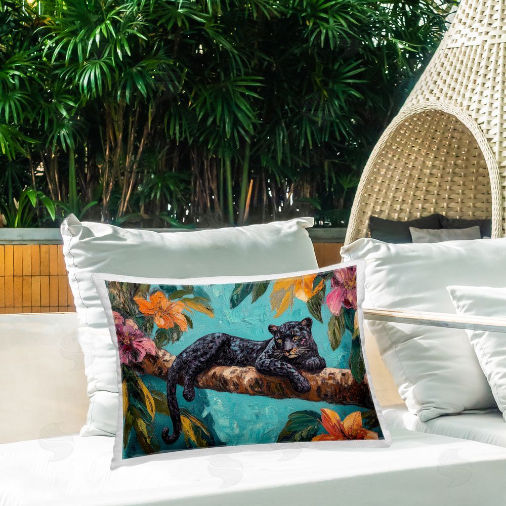 Petal Prints Design Lazy Day Black Leopard Outdoor Printed Throw Pillow on Patio