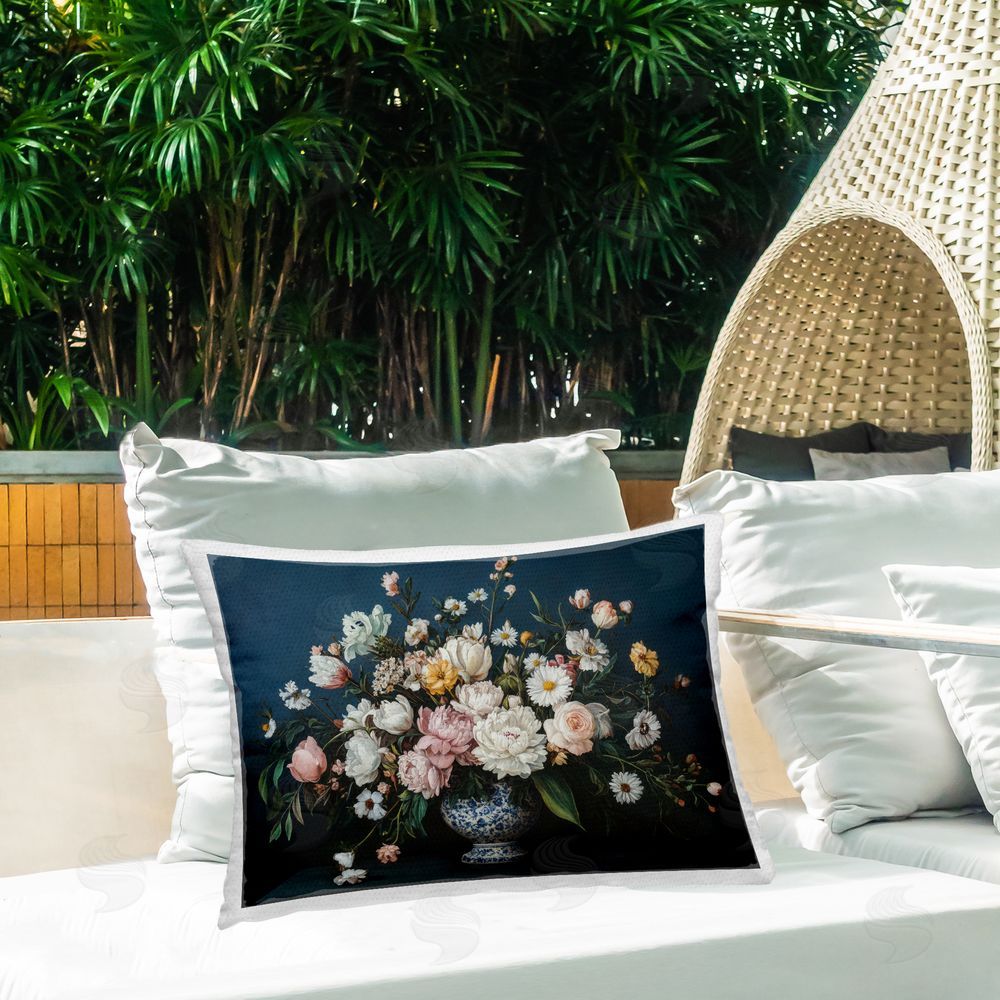 Petal Prints Design Moody Blue Floral Vase Outdoor Printed Throw Pillow on Patio