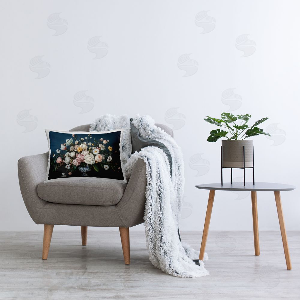 Petal Prints Design Moody Blue Floral Vase Printed Indoor Throw Pillow in Room