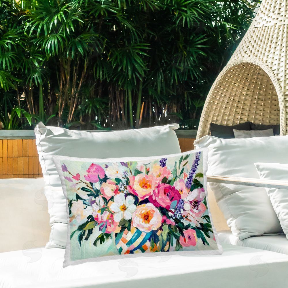 Petal Prints Design Colorful Bouquet in Spring Vase Outdoor Printed Throw Pillow on Patio