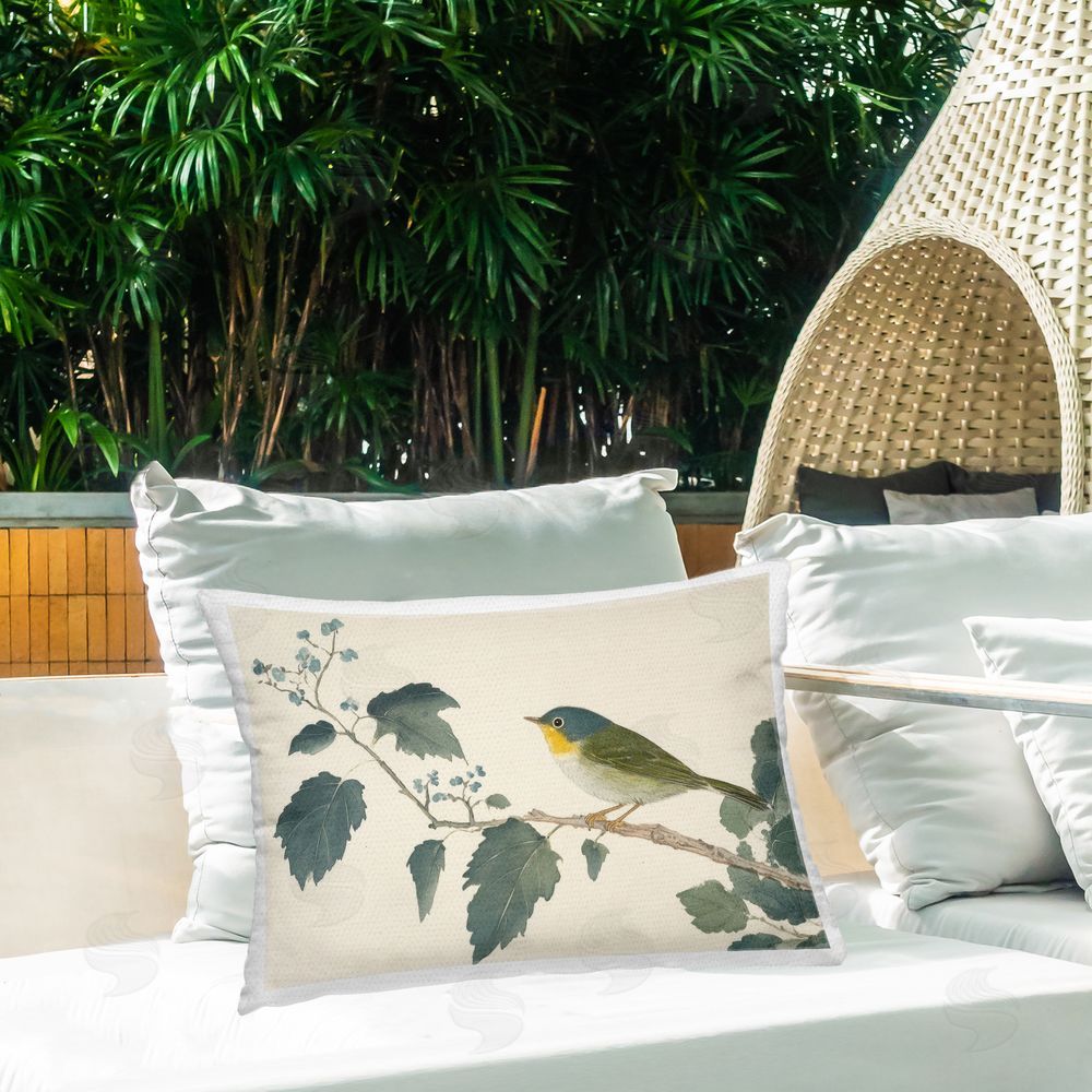Petal Prints Design Blue Bird and Leaves Outdoor Printed Throw Pillow on Patio