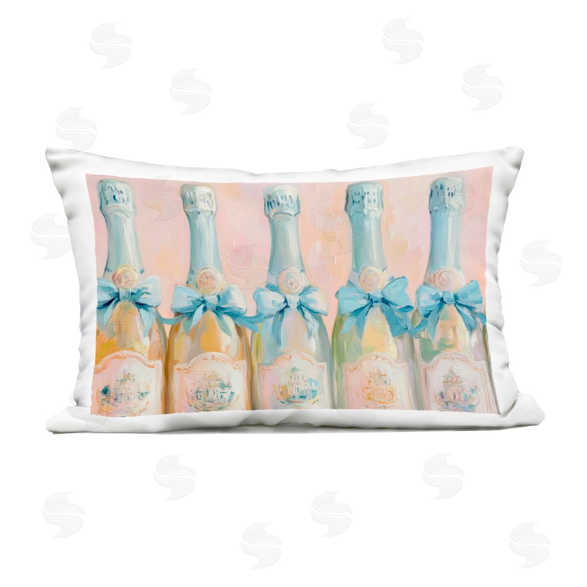 Petal Prints Design Pastel Blue Champagne Bottles Outdoor Printed Throw Pillow