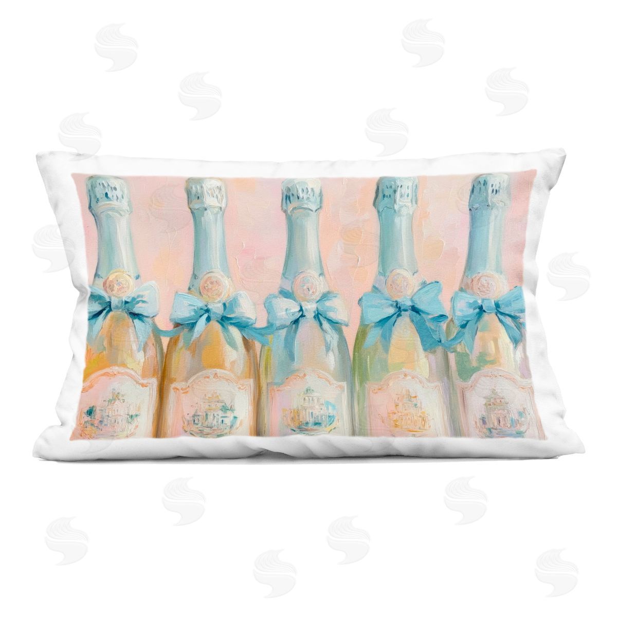 Petal Prints Design Pastel Blue Champagne Bottles Indoor Printed Throw Pillow